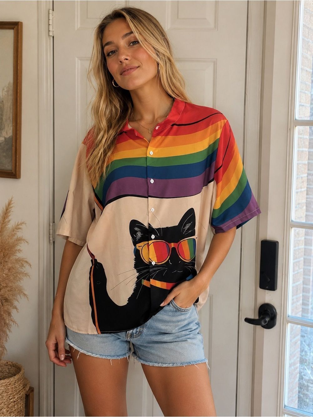 Amazon Beige Rainbow Stripe Button-Down Shirt with Cat Graphic